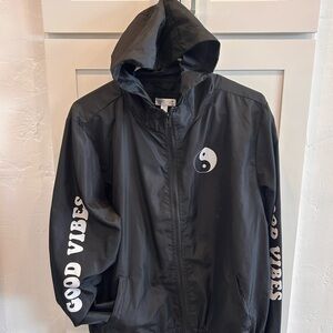 Black Hooded Windbreaker Jacket with Yin Yang and Good Vibes Print